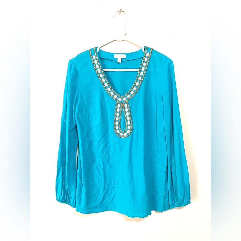 Lilly Pulitzer Tunic Top in Deep Cyan Blue Size S Gold Beaded Embellished - Picture 2 of 9